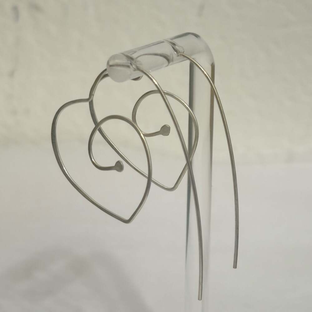 Vtg Minimalist Sterling Silver Open Wavy Heart Threader Earrings 2.25"